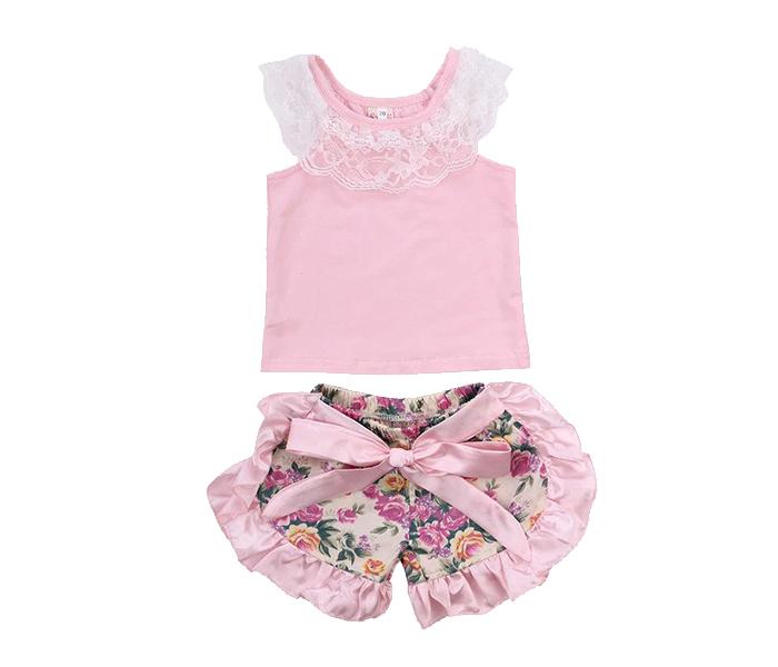 Little Wings 3 months Sleeveless Lace Vest Tops and Ruffled Floral Shorts - Pink - Zoom Image 1