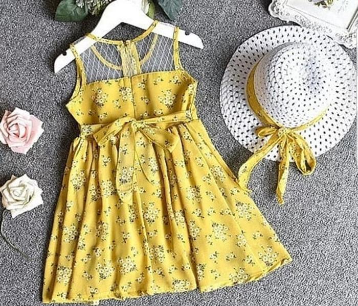 Little Wings 5 Year Chiffon Floral Print Vest Dress with Hat - Yellow - Zoom Image 2