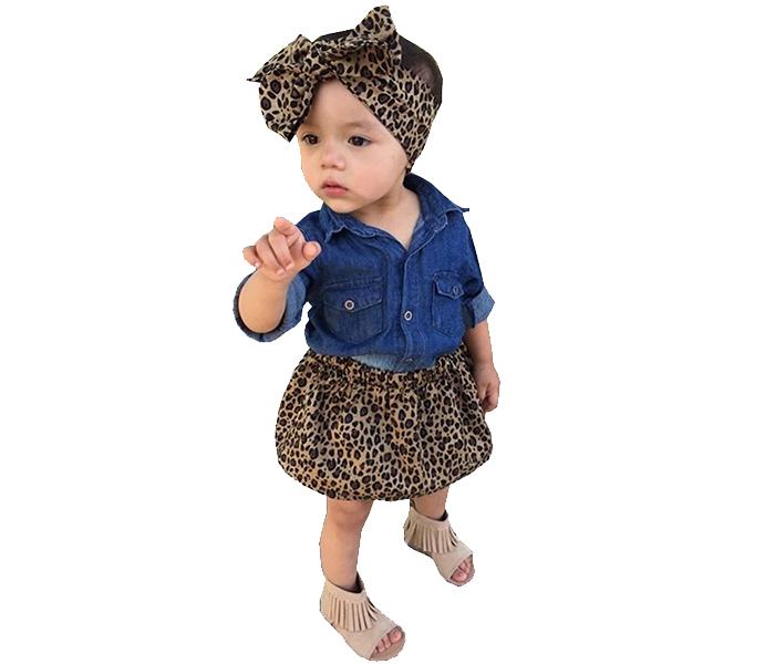 Little Wings 1 Year Jean Shirt with Leopard Print Short Skirt and Headband - Blue and Brown - Zoom Image 3