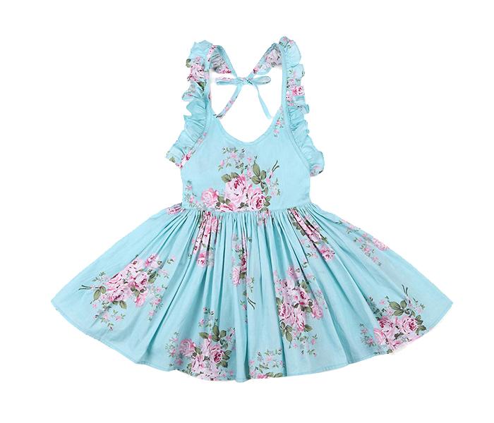 Little Wings Summer 2 Years Vintage Floral Print Casual Boho Toddler Valentine Frock - Sky Blue - Zoom Image 1