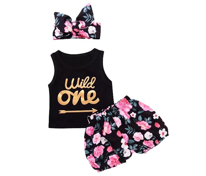 Little Wings Baby 2 Year Girls Flare Sleeve Dress Tops and Floral Trousers Pants and Headband - Black - Zoom Image