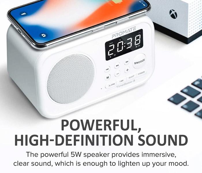 Promate Timebase-3 Multi-Function Stereo Wireless Speaker and Charging Station - White - Zoom Image 1