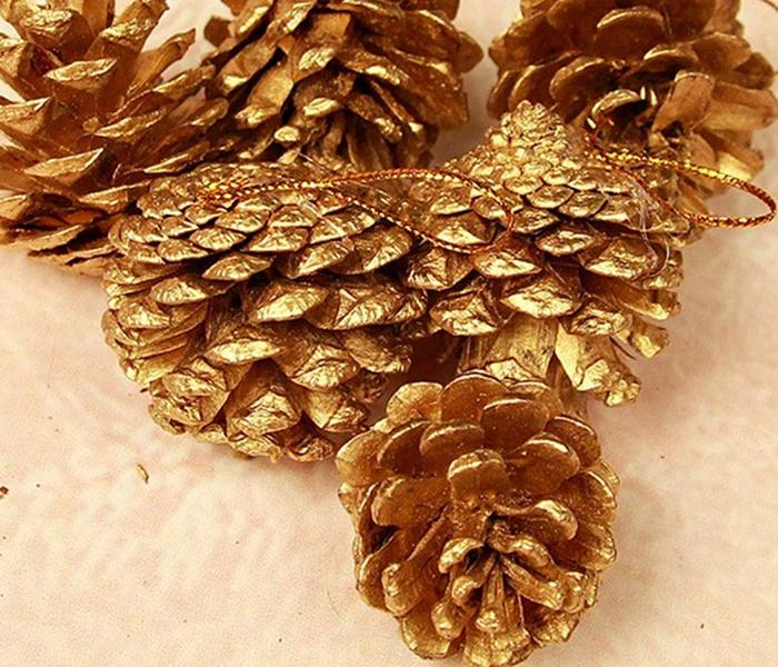 KMTE 10 Pieces Christmas Pine Cones with Red Glitters - Golden - Zoom Image 1