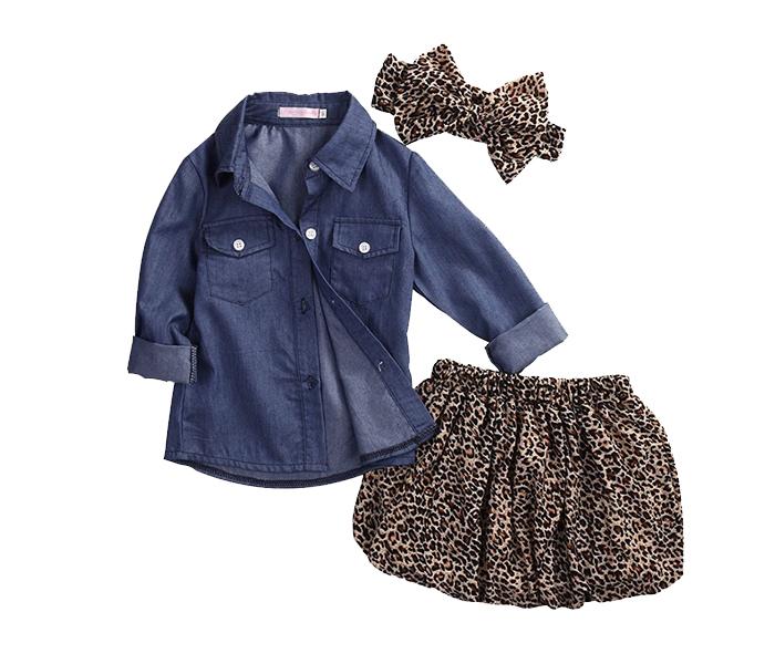 Little Wings 1 Year Jean Shirt with Leopard Print Short Skirt and Headband - Blue and Brown - Zoom Image 2