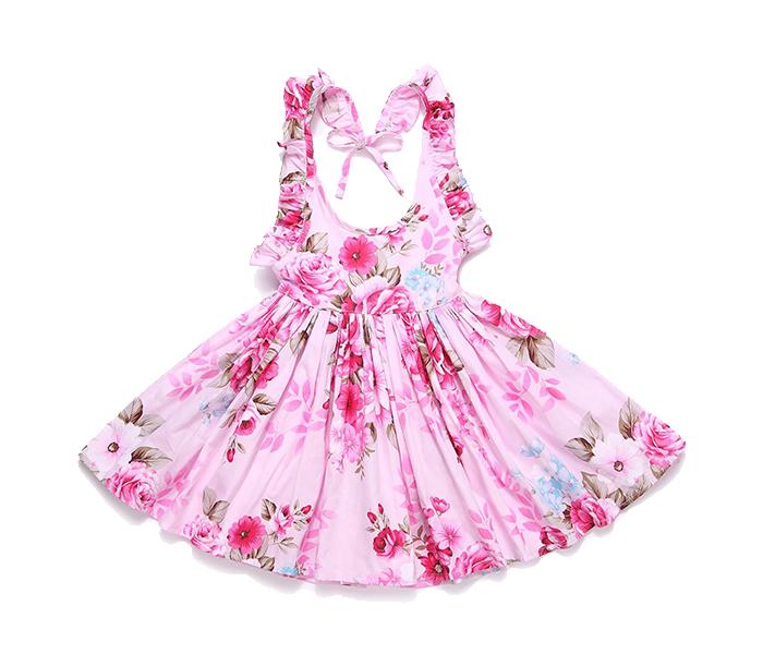 Little Wings Summer Beach Style 3 Years Floral Print Party Backless Frock - Pink - Zoom Image