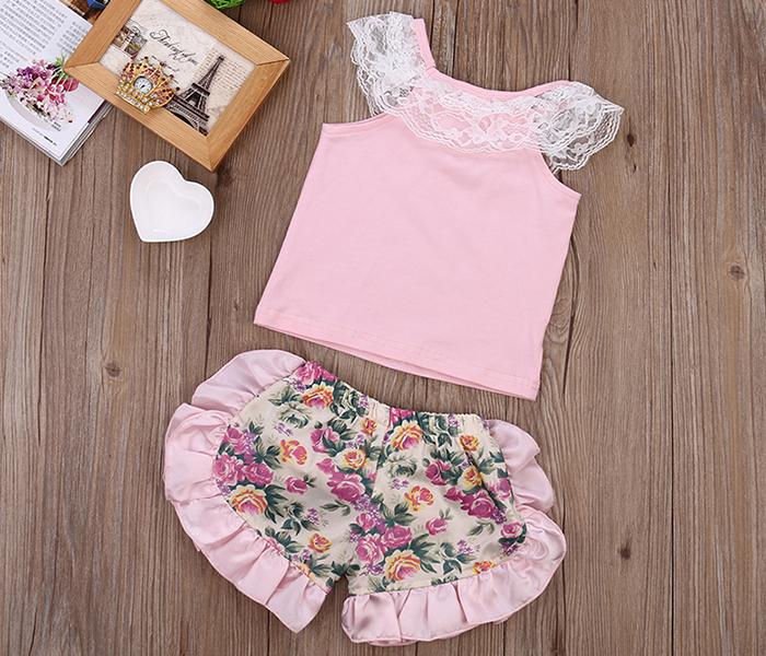 Little Wings 3 months Sleeveless Lace Vest Tops and Ruffled Floral Shorts - Pink - Zoom Image 2