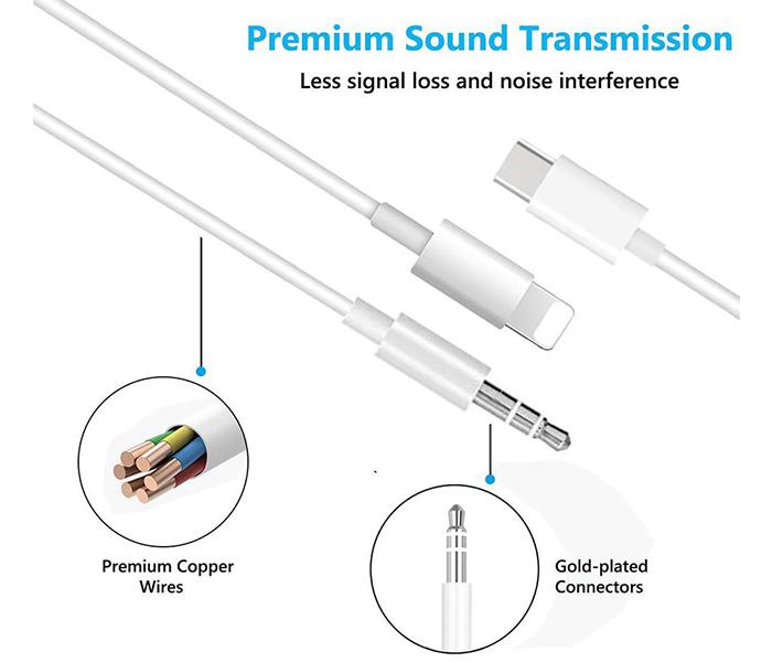 Trands TR-CA744 2-in-1 Lightning & Type C to 3.5mm Aux Audio Cable - White - Zoom Image 3