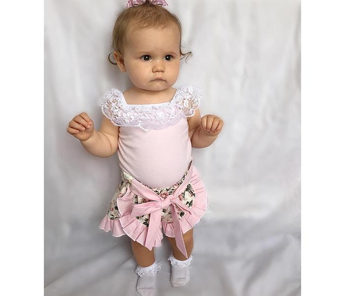 Little Wings 3 months Sleeveless Lace Vest Tops and Ruffled Floral Shorts - Pink - Zoom Image 3