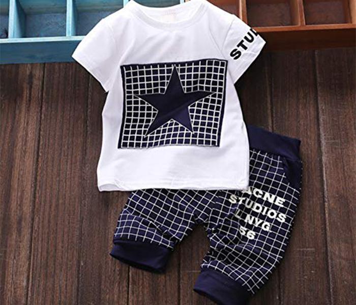 Little Wings Star Baby Boys Grid Printed Pants with T-Shirt - Blue, 1 Piece - Zoom Image 2