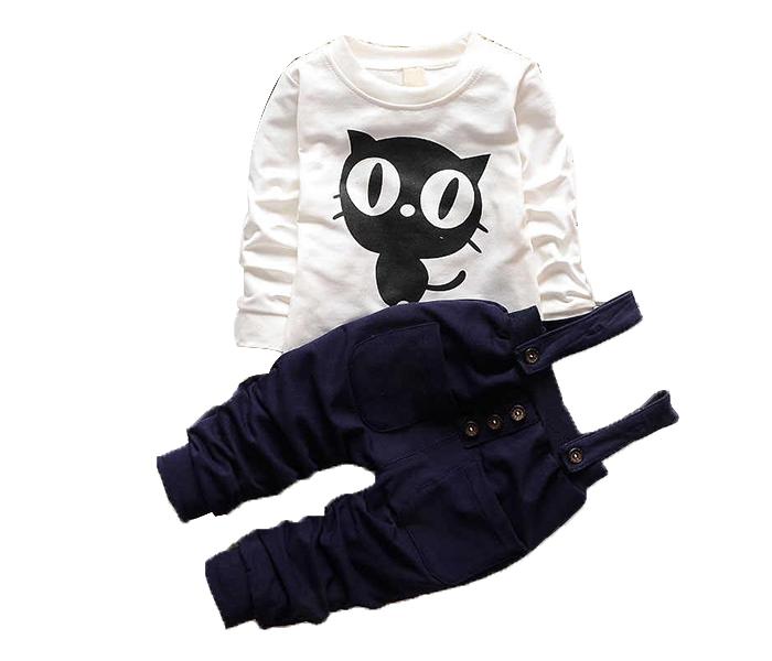 Little Wings 6 months Black Cat Design Long Sleeve T-Shirt and Jumpsuit Pants - White & Blue - Zoom Image