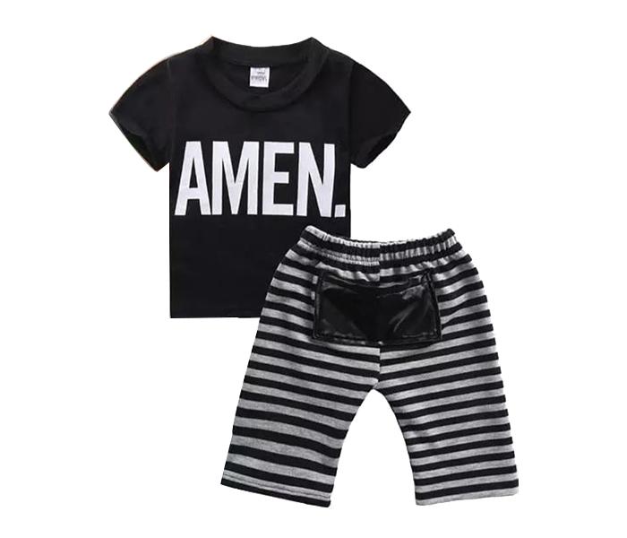 Little Wings 1 year Boys Daily Wear Striped Shorts and T-Shirt - Black and Grey - Zoom Image 1