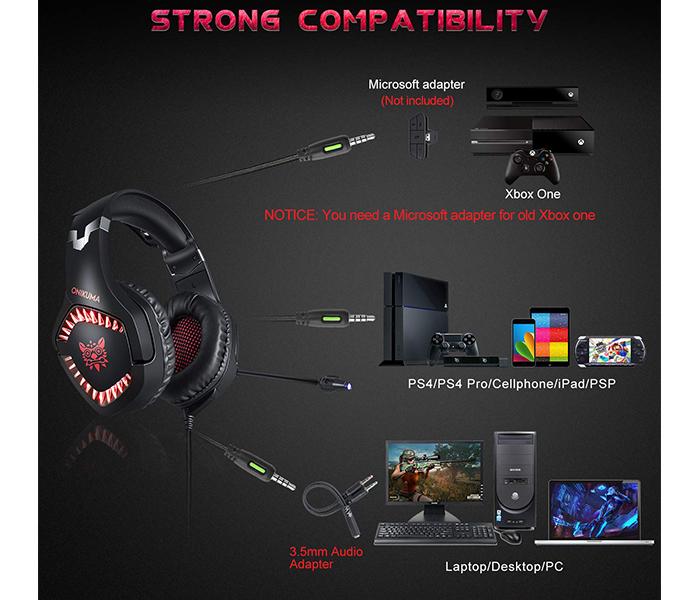 Onikuma K1-B Pro Stereo Gaming Headset with Microphone Control and LED Light - Black & Red - Zoom Image 6