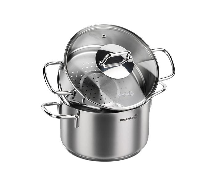 Korkmaz KO-A1522 6.8 Litre Stainless Steel Perla 2 Tier Multi Purpose Steamer with Lid - Silver - Zoom Image