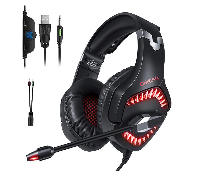 Onikuma K1-B Pro Stereo Gaming Headset with Microphone Control and LED Light - Black & Red - Zoom Image 1