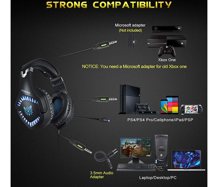 Onikuma K1-B Pro Stereo Gaming Headset with Microphone Control and LED Light - Black & Blue - Zoom Image 6