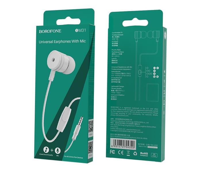 BOROFONE BM31 Mysterious 1.2 mm Cable Earphones with Mic - White - Zoom Image 5