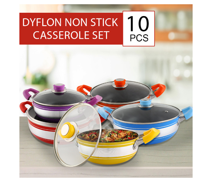 Kawashi 10 Pieces Dyflon Non Stick Casserole Set Multi Colour - Zoom Image