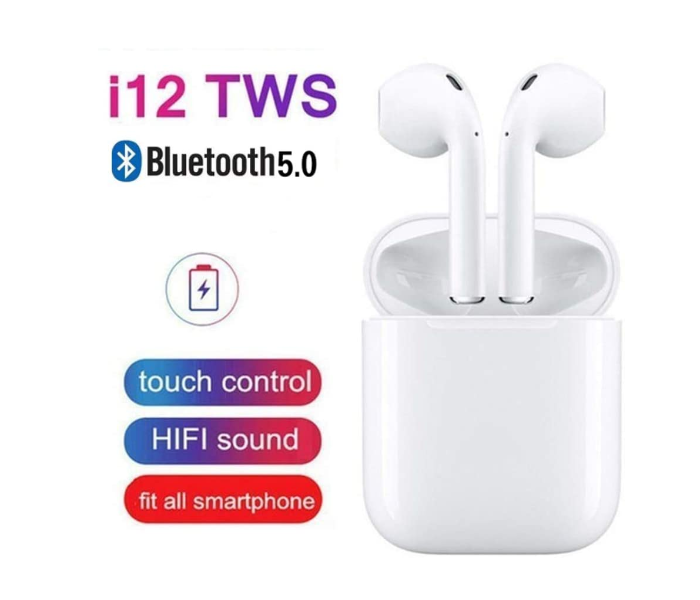 Generics i12 TWS Bluetooth 5.0 Earphone True Wireless Sports Touch Earbuds Sweatproof headset 3D Stereo Headphone - White - Zoom Image 2