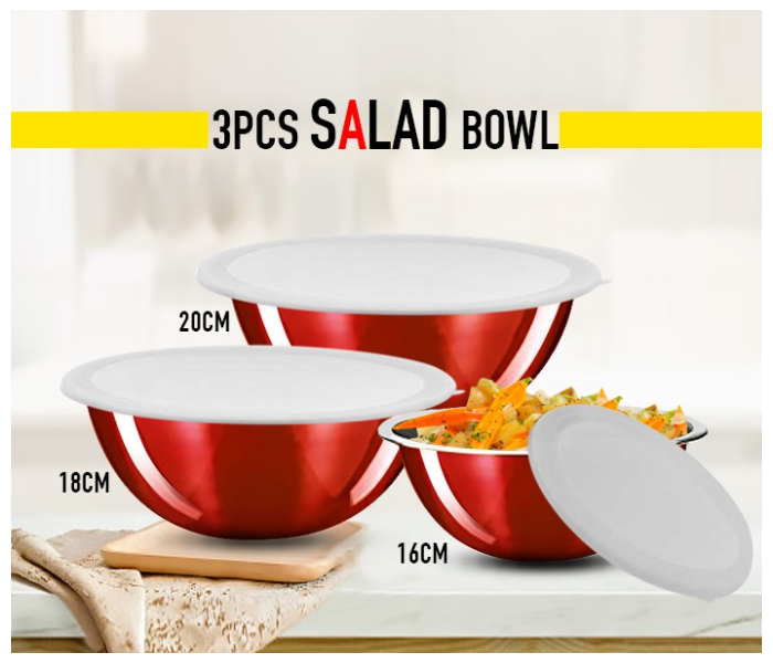 3 Sets OE-1746 Serving Nesting Stainless Steel Salad Mixing Bowl with Lids – Red - Zoom Image 1