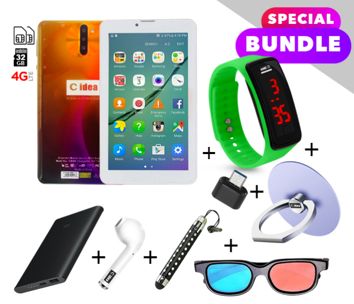 C idea CM498 7 inch Dual Sim 3GB RAM 32GB ROM  Android 4G LTE Tablet with Combo of Power Bank-Airpod-Finger Holder-Touch Pen-OTG Connector-3D Spectacles and LED Watch - Orange and Purple - Zoom Image