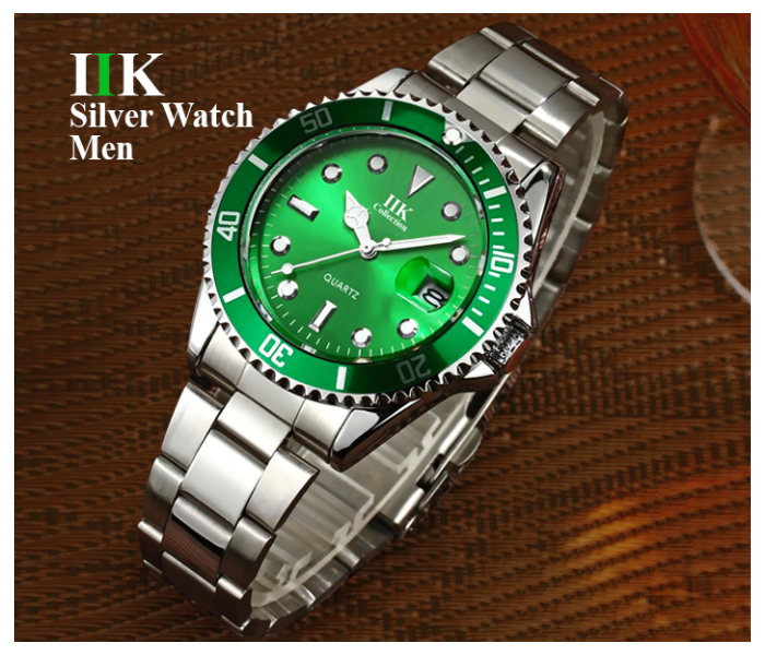 IIK Rotatable Bezel Sapphire Glass Stainless Steel Band Sport Quartz Wrist Watch for Men – Green and Silver - Zoom Image