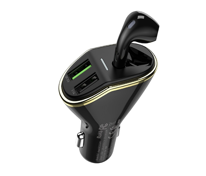 Hoco E47 Traveller Car Charger Dual USB output with Wireless Headset - Black - Zoom Image 1