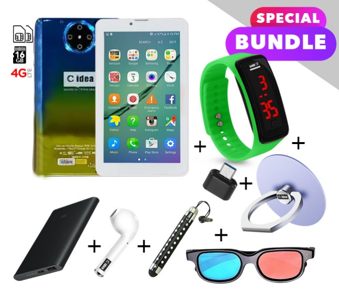 C idea CM422 7 inch Dual Sim 3GB RAM 16GB ROM  Android 4G LTE Tablet with Combo of Power Bank-Airpod-Finger Holder-Touch Pen-OTG Connector-3D Spectacle and LED Watch - Gold and Blue - Zoom Image