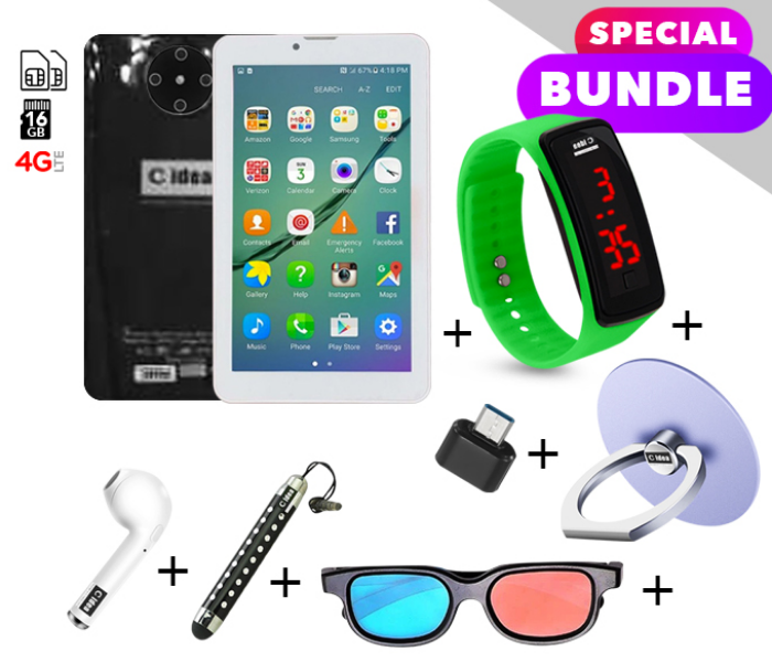 C idea CM430 7 inch Dual Sim 2GB RAM 16GB ROM  Android 4G LTE Tablet with Combo of Airpod-Finger Holder-Touch Pen-OTG Connector-3D Spectacle and LED Watch - Black - Zoom Image