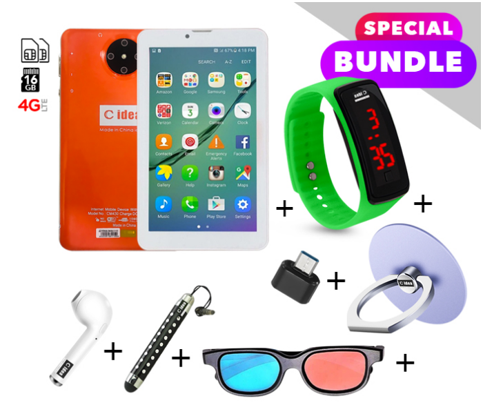 C idea CM430 7 inch Dual Sim 2GB RAM 16GB ROM  Android 4G LTE Tablet with Combo of Airpod-Finger Holder-Touch Pen-OTG Connector-3D Spectacle and LED Watch - Orange - Zoom Image