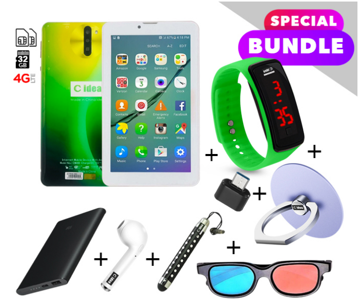 C idea CM498 7 inch Dual Sim 3GB RAM 32GB ROM  Android 4G LTE Tablet with Combo of Power Bank-Airpod-Finger Holder-Touch Pen-OTG Connector-3D Spectacles and LED Watch - Yellow and Green - Zoom Image