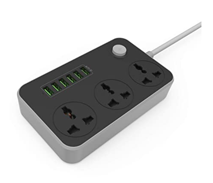 Power Strip Surge Protector with 3 Universal International Socket and Smart 6 USB Charging Ports - Black - Zoom Image