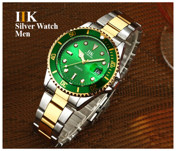 IIK Rotatable Bezel Sapphire Glass Stainless Steel Band Sport Quartz Wrist Watch for Men – Green and Gold  - Zoom Image