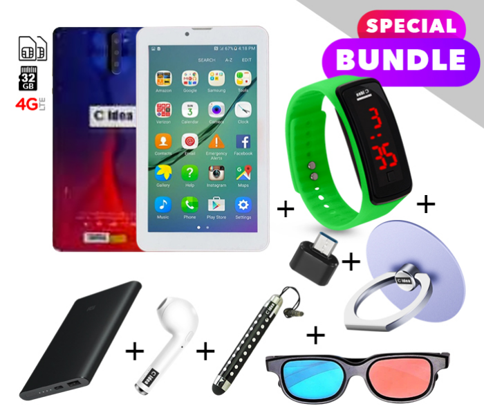 C idea CM498 7 inch Dual Sim 3GB RAM 32GB ROM  Android 4G LTE Tablet with Combo of Power Bank-Airpod-Finger Holder-Touch Pen-OTG Connector-3D Spectacles and LED Watch - Blue and Red - Zoom Image