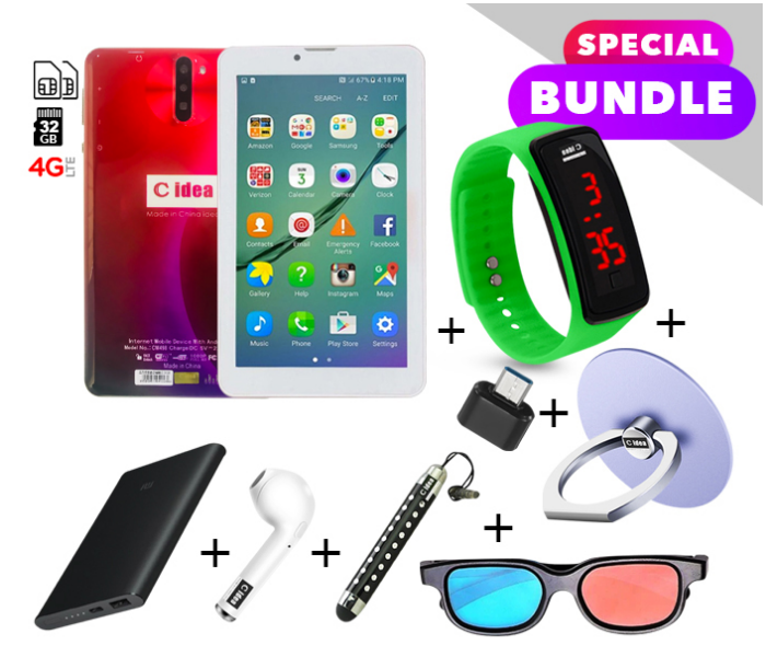 C idea CM498 7 inch Dual Sim 3GB RAM 32GB ROM  Android 4G LTE Tablet with Combo of Power Bank-Airpod-Finger Holder-Touch Pen-OTG Connector-3D Spectacles and LED Watch - Purple and Red - Zoom Image