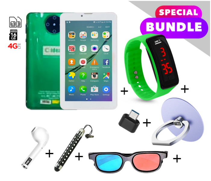 C idea CM430 7 inch Dual Sim 2GB RAM 16GB ROM  Android 4G LTE Tablet with Combo of Airpod-Finger Holder-Touch Pen-OTG Connector-3D Spectacle and LED Watch - Green - Zoom Image