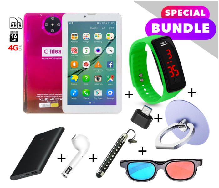 C idea CM422 7 inch Dual Sim 3GB RAM 16GB ROM  Android 4G LTE Tablet with Combo of Power Bank-Airpod-Finger Holder-Touch Pen-OTG Connector-3D Spectacle and LED Watch - Purple and Gold - Zoom Image