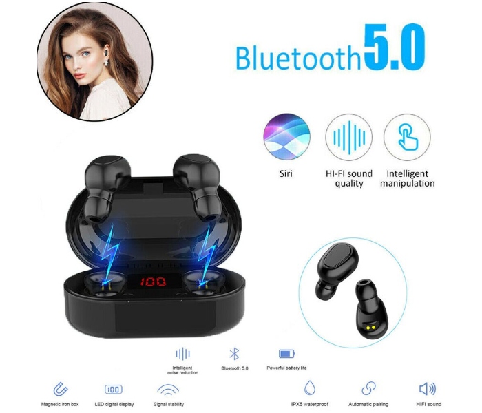 L22 TWS Wireless BT5.0 Headset In-Ear Stereo Sport Earphones LED Display Earbuds Black - Zoom Image 6