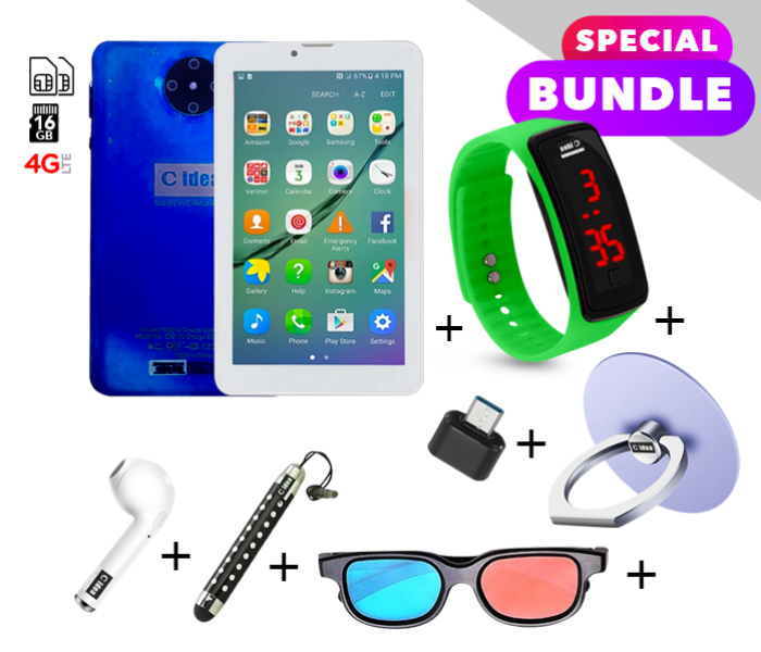 C idea CM430 7 inch Dual Sim 2GB RAM 16GB ROM  Android 4G LTE Tablet with Combo of Airpod-Finger Holder-Touch Pen-OTG Connector-3D Spectacle and LED Watch - Blue - Zoom Image