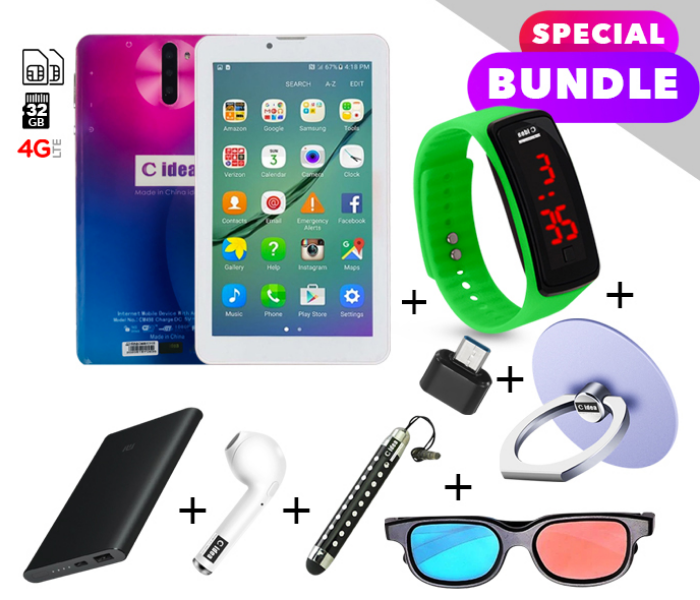 C idea CM498 7 inch Dual Sim 3GB RAM 32GB ROM  Android 4G LTE Tablet with Combo of Power Bank-Airpod-Finger Holder-Touch Pen-OTG Connector-3D Spectacles and LED Watch - Blue and Purple - Zoom Image