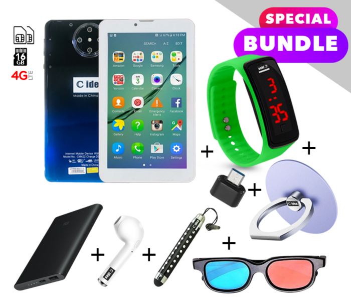 C idea CM422 7 inch Dual Sim 3GB RAM 16GB ROM  Android 4G LTE Tablet with Combo of Power Bank- AirPod -Finger Holder - Touch Pen - OTG Connector -3D Spectacle and LED Watch - Black and Blue - Zoom Image