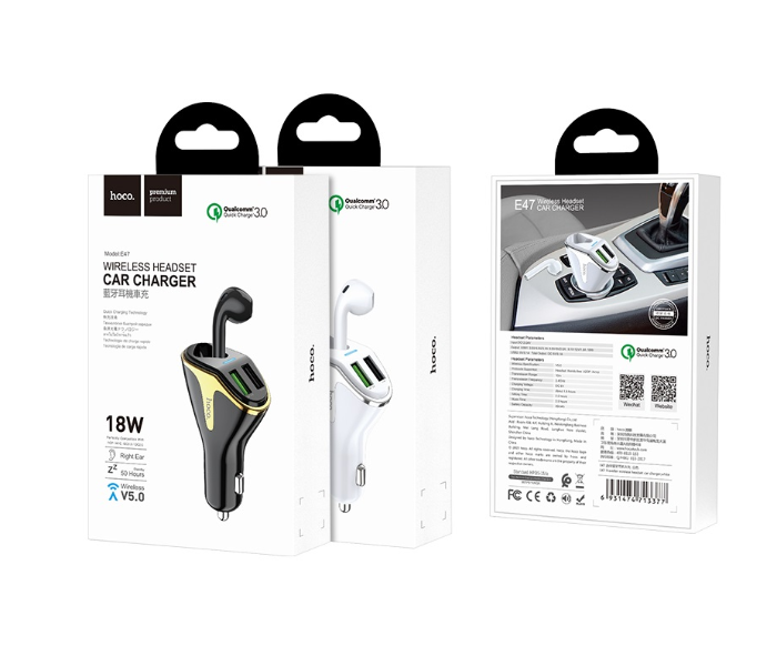 Hoco E47 Traveller Car Charger Dual USB output with Wireless Headset - Black - Zoom Image 2