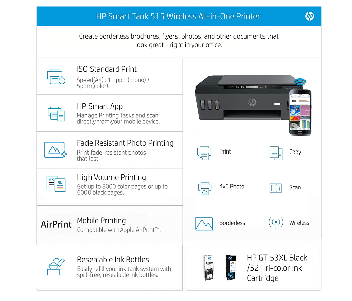 HP 3YW70A Smart Tank 515 Wireless All-in-one Printer - Black - Zoom Image 4