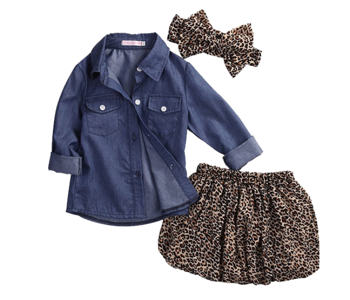 Little Wings 3 Year Jean Shirt with Leopard Print Short Skirt and Headband - Blue and Brown - Zoom Image 2