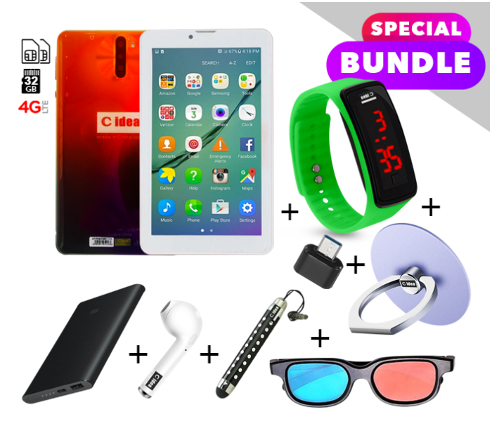 C idea CM498 7 inch Dual Sim 3GB RAM 32GB ROM  Android 4G LTE Tablet with Combo of Power Bank-Airpod-Finger Holder-Touch Pen-OTG Connector-3D Spectacles and LED Watch - Red and Black - Zoom Image