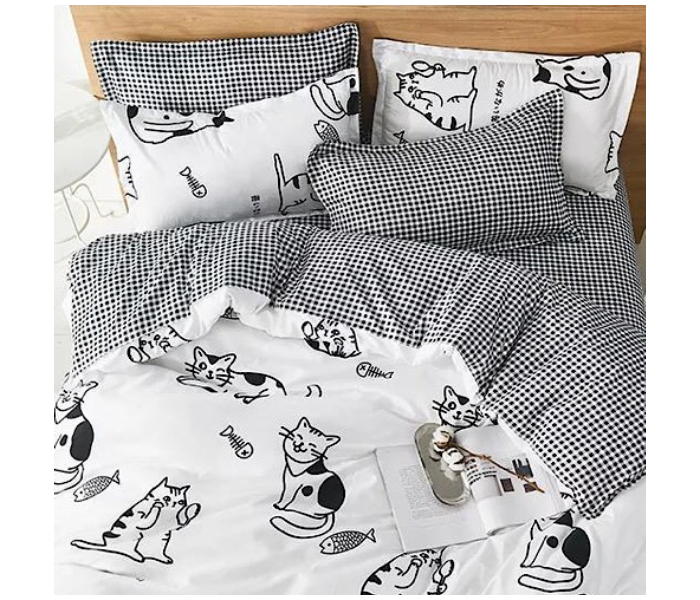 Puppy and Kitty Design 6 Pcs Design Cotton Double Size Bedsheet with Quilt Cover and Pillow Case - Black and White - Zoom Image 2