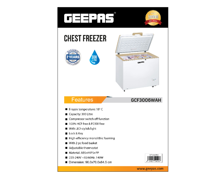 Geepas GCF3006WAH 300 Litre Chest Freezer - White - Zoom Image 3