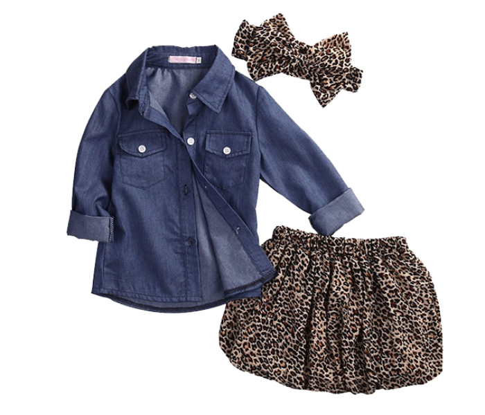 Little Wings 2 Year Jean Shirt with Leopard Print Short Skirt and Headband - Blue and Brown - Zoom Image 2