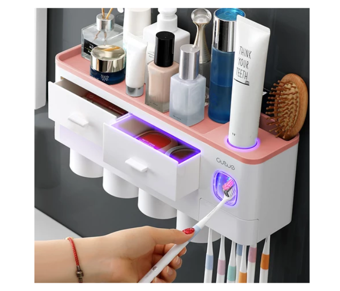 OUWE BSRP01 4 Cup Bathroom Storage Rack with Toothpaste Dispenser - Pink - Zoom Image 1