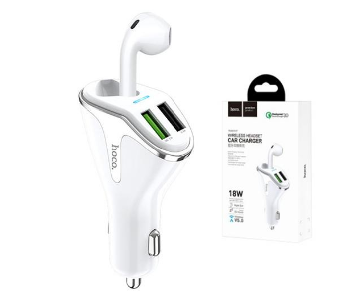 Hoco E47 Traveller Car Charger Dual USB output with Wireless Headset  - White - Zoom Image 1