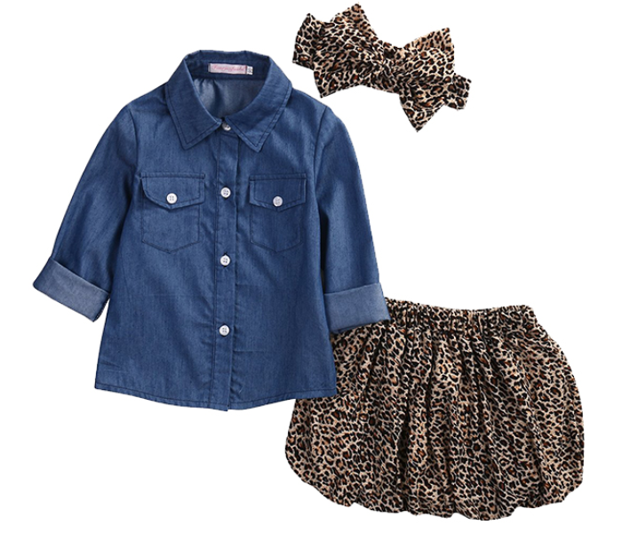 Little Wings 2 Year Jean Shirt with Leopard Print Short Skirt and Headband - Blue and Brown - Zoom Image 1